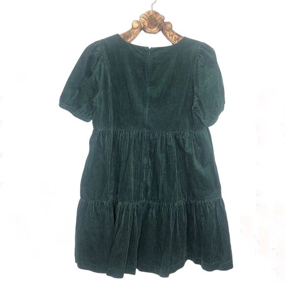 Madewell Dress A Line Voluminous Tiered Corduroy Puff Sleeve Green Mini Pockets - Picture 2 of 8